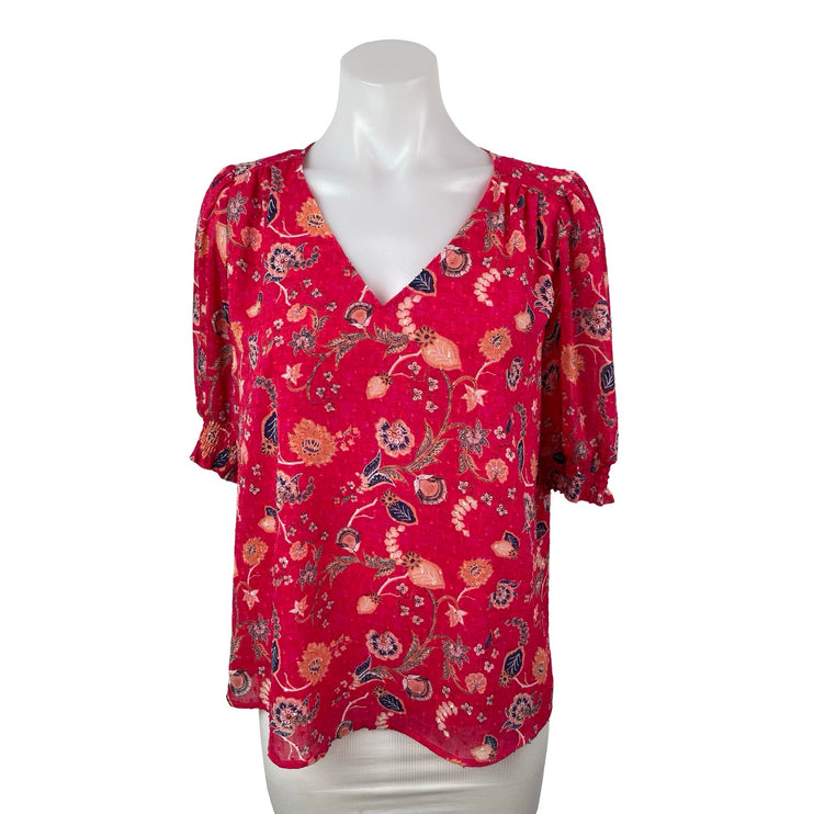 Rachel Zoe Women's Pink Red Floral Short Puff Sleeve V Neck Blouse Top Size M