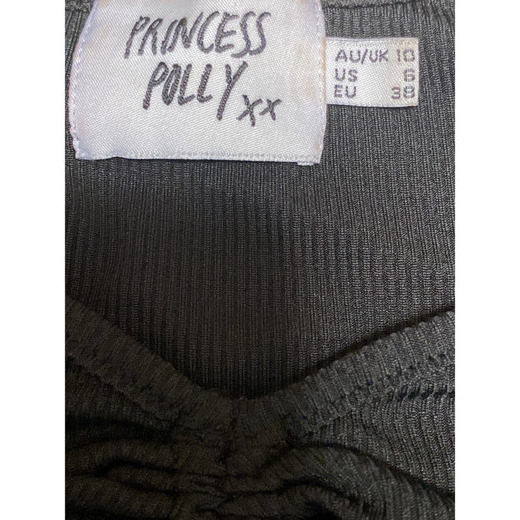 Princess Polly Women's Black Ruched V Neck Long Sleeve Tie Waist Crop Top Size 6