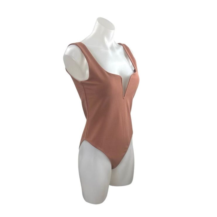 Buddy Love Women's Tan Sleeveless Notch V Neck Cami Tank Bodysuit Top Size S