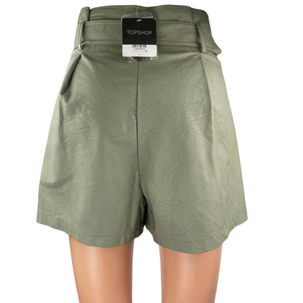 NEW Topshop Women's Green Faux Leather Vegan High Rise Paperbag Shorts Size 4