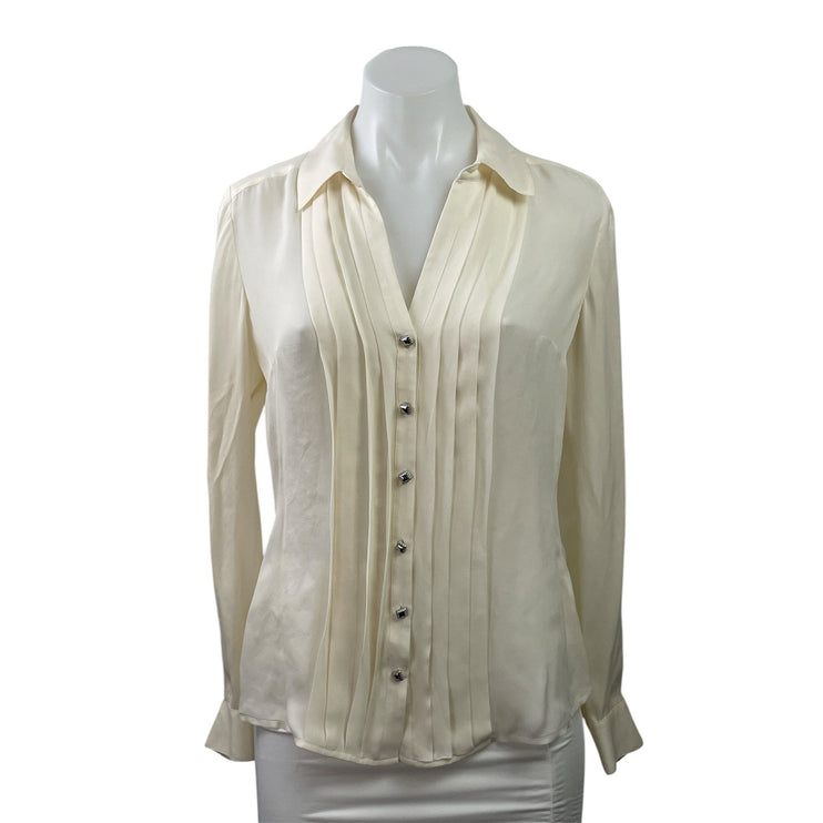 White House Black Market Cream Silk Pleated Long Sleeve Button Down Shirt Size 2