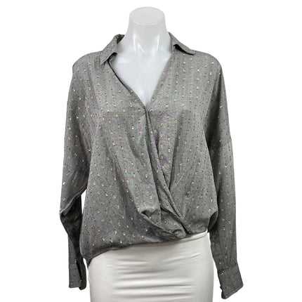 Lou & Grey Women's Gray Gold Long Sleeve V Neck Hi Low Blouse Shirt Top Size S