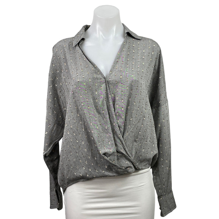 Lou & Grey Women's Gray Gold Long Sleeve V Neck Hi Low Blouse Shirt Top Size S