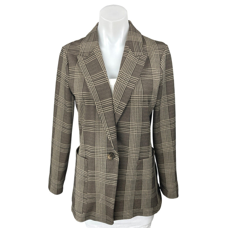 H&M Women's Brown Beige Plaid Peak Long Sleeve Blazer Coat Suit Jacket Size 6