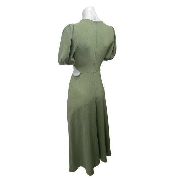 Zara Green Short Puff Sleeve Cutout Waist Crew Neck Maxi A Line Dress Size XS