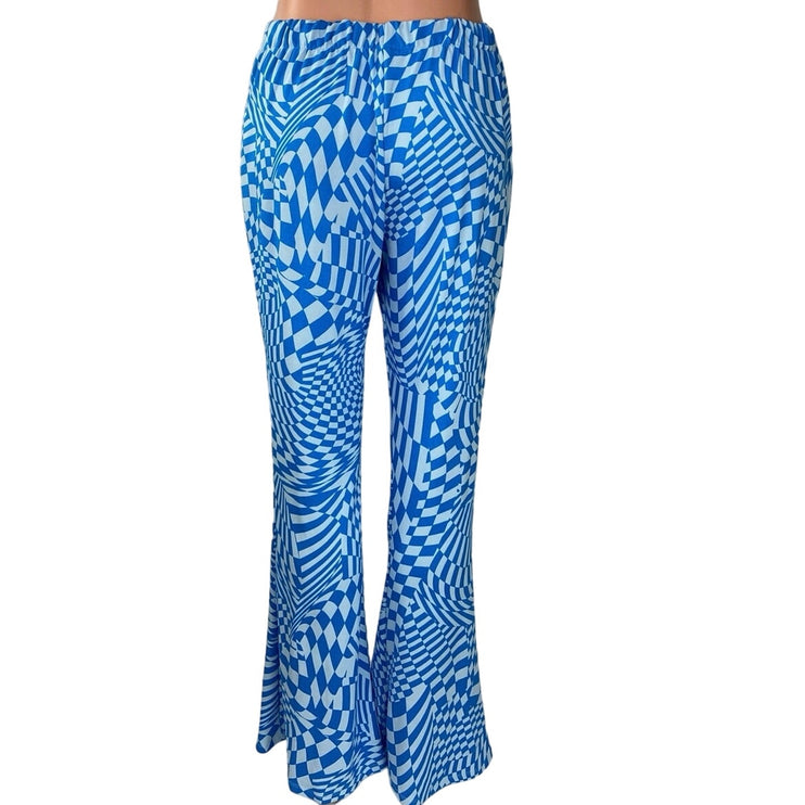 Wild Fable Blue Disco Checkered Flare Stretch High Rise Pull On Trouser Pant S