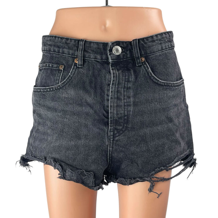Zara Women's Black High Waisted Button Fly Raw Hem Cut Off Denim Jeans Shorts 8