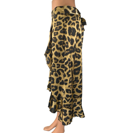 Women's Beige Black Leopard Animal Print Tie Back Ruffle Midi Skirt Size L