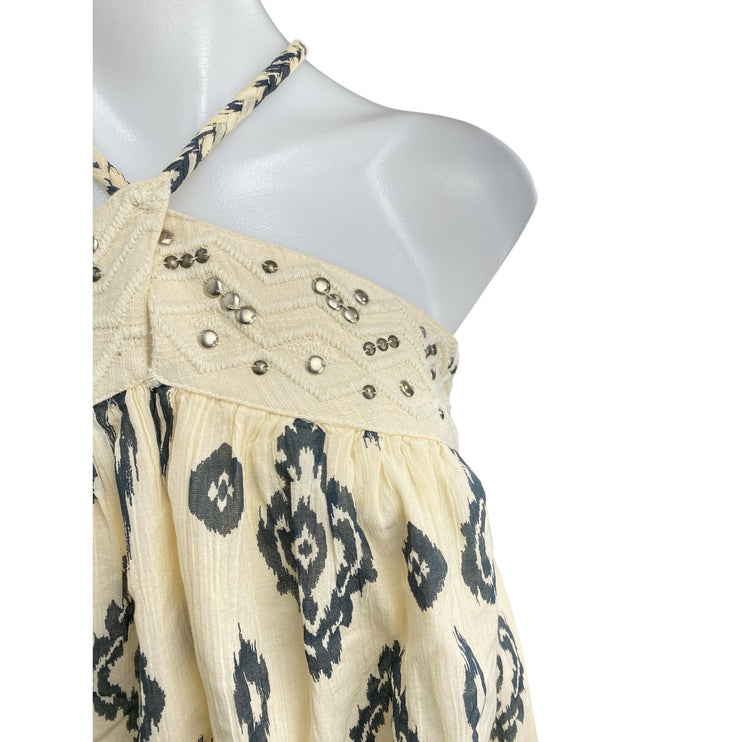 Zara Cream Ikat Print Studded Sleeveless Cami Mini Halter A-Line Dress Size M