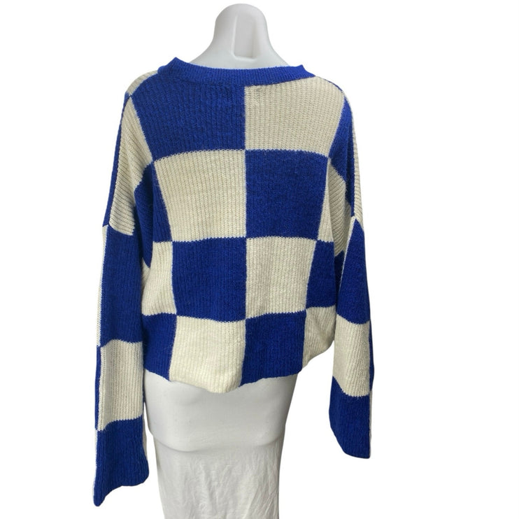 Pull & Bear Blue Cream Checkered Colorblock Long Sleeve Sweater Top Size L