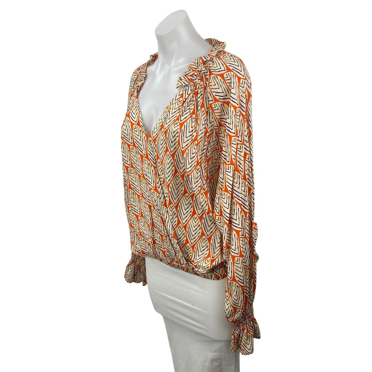Tinley Women's Coral Leaf Abstract V Neck Ruffle Long Sleeve Blouse Top Size M