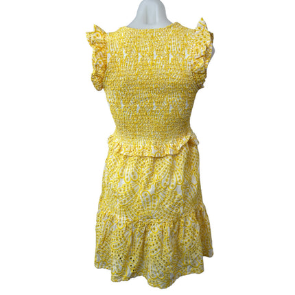 Elan Yellow Eyelet Smocked Ruffle Scoop Neck Short Sleeve Mini A-Line Dress Sz S