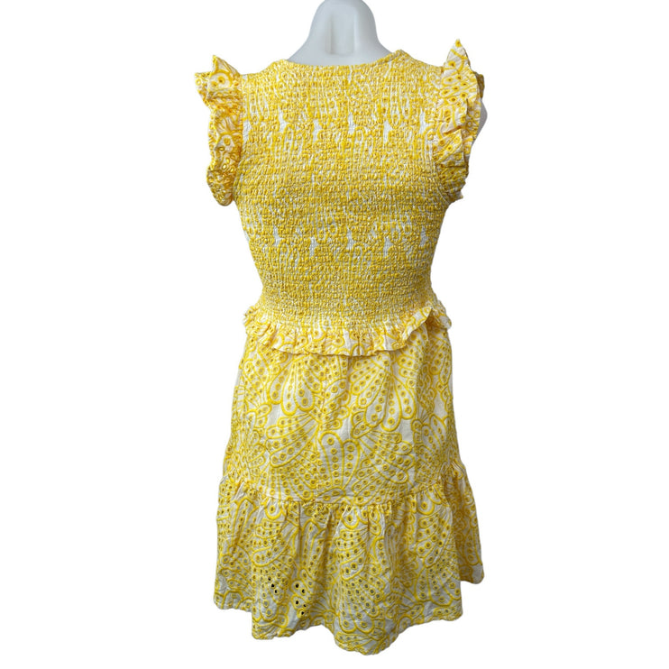 Elan Yellow Eyelet Smocked Ruffle Scoop Neck Short Sleeve Mini A-Line Dress Sz S