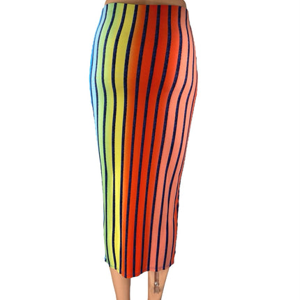 Sabora Womens Multicolor Rainbow Striped Stretch Midi Bodycon Pencil Skirt Sz S
