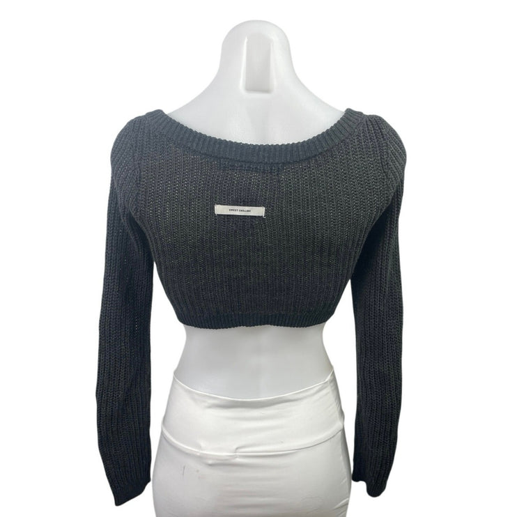 Sweet Chilling Gray Knit Long Sleeve Button Down Cardigan Crop Sweater Top Sz XS
