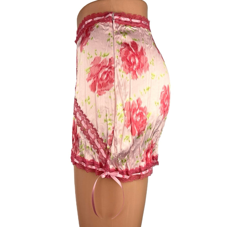 New Frankies Bikinis Pink Floral Silky Satin Lace Pencil Straight Mini Skirt S