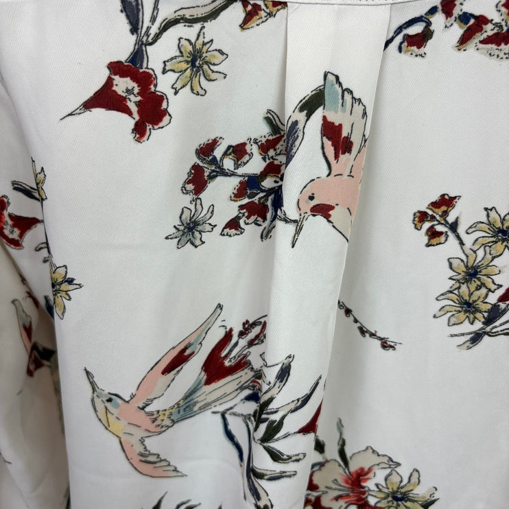 H&M Womens White Floral Birds Button Up Collared Long Sleeve Blouse Top 2