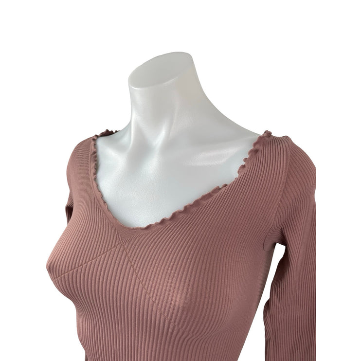 Free People FP Movement Nude Pink Lettuce Rib Knit Long Sleeve Crop Top Sz XS/S