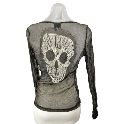 2lot & Delicious Black Mesh Sheer Skull Long Sleeve Scoop Neck Blouse Top Size L