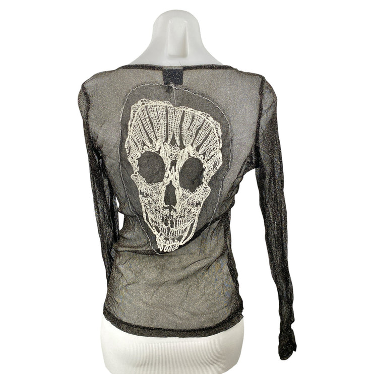 2lot & Delicious Black Mesh Sheer Skull Long Sleeve Scoop Neck Blouse Top Size L