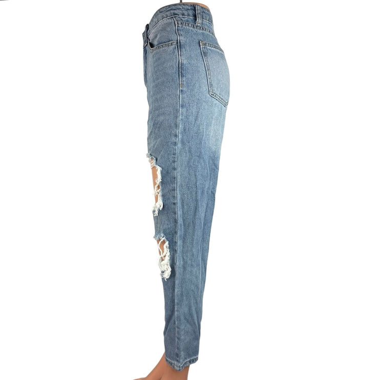 Shein Blue Light Wash High Rise Distressed Ankle Straight Leg Jeans Size XS