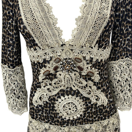 Passion Concept Multicolor Leopard Print Lace Jeweled Long Sleeve Mini Dress S