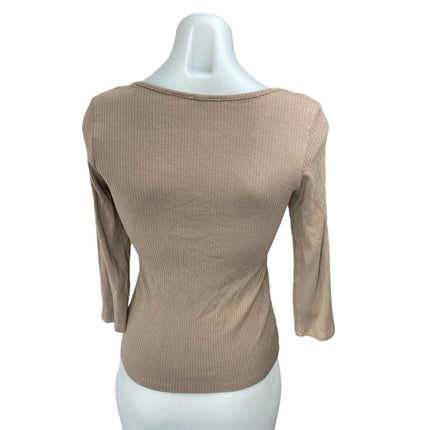 Cyrus Women Tan Beige Ribbed Knit Long Sleeve Square Neck T Shirt Tee Top Size S