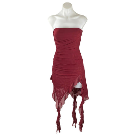 NEW Selfie Leslie After Party Sangria Red Strapless Tube Ruffle Mini Dress Sz S