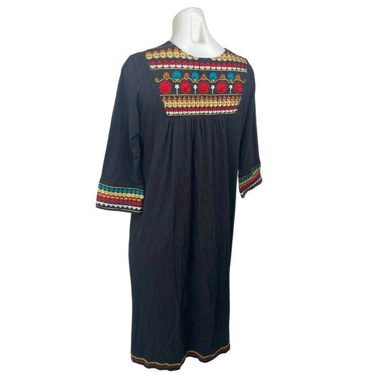 NEW Zecotex Black Floral Embroidered Split Neck Half Sleeve Midi A-Line Dress M