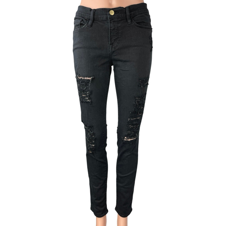 Frame Le Skinny de Jeanne Black Distressed Mid Rise Stretch Ankle Denim Jeans 27