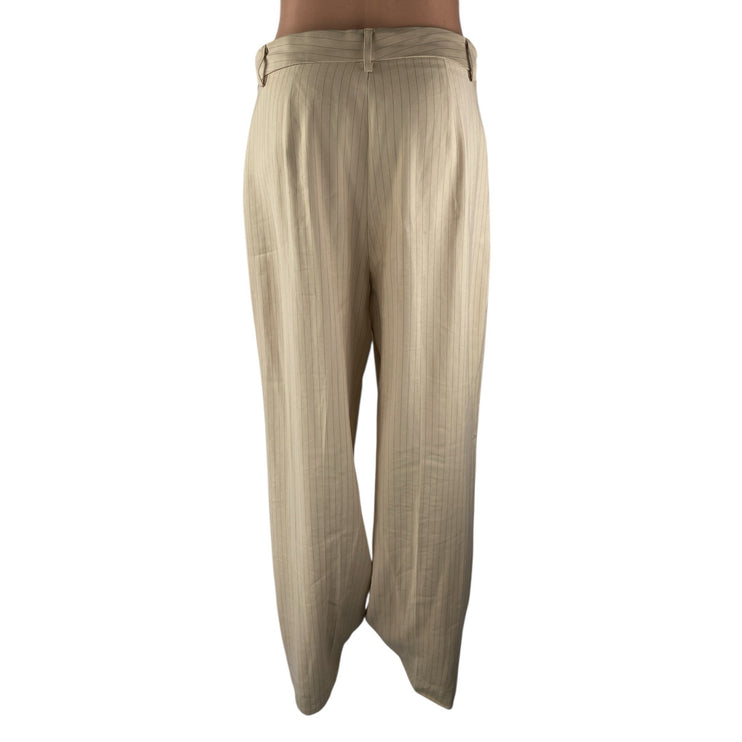 Mango MNG Women's Beige Striped Pleated High Rise Wide Leg Trouser Dress Pants 6
