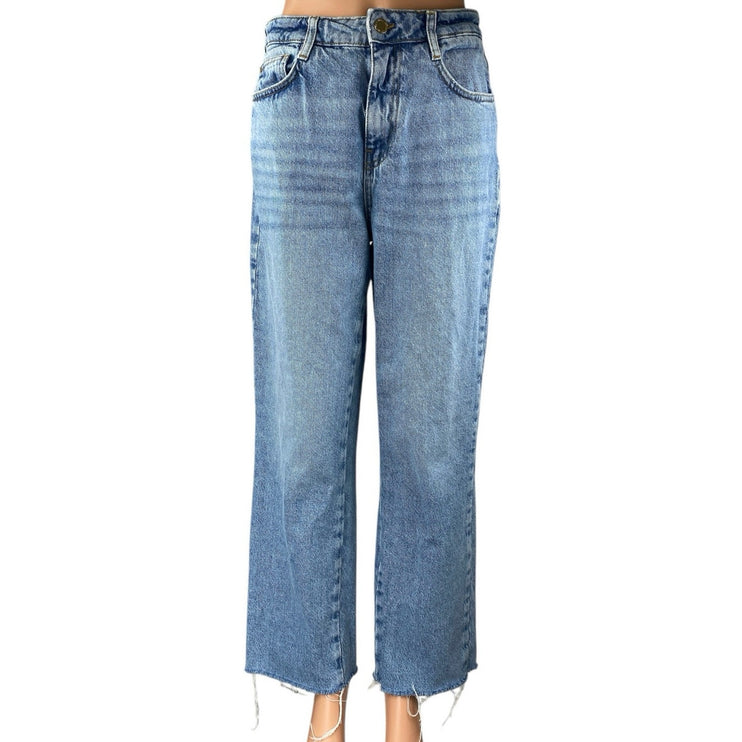 Zara Women's Blue High Rise Straight Wide Leg Frayed Raw Hem Denim Jeans Pants 6