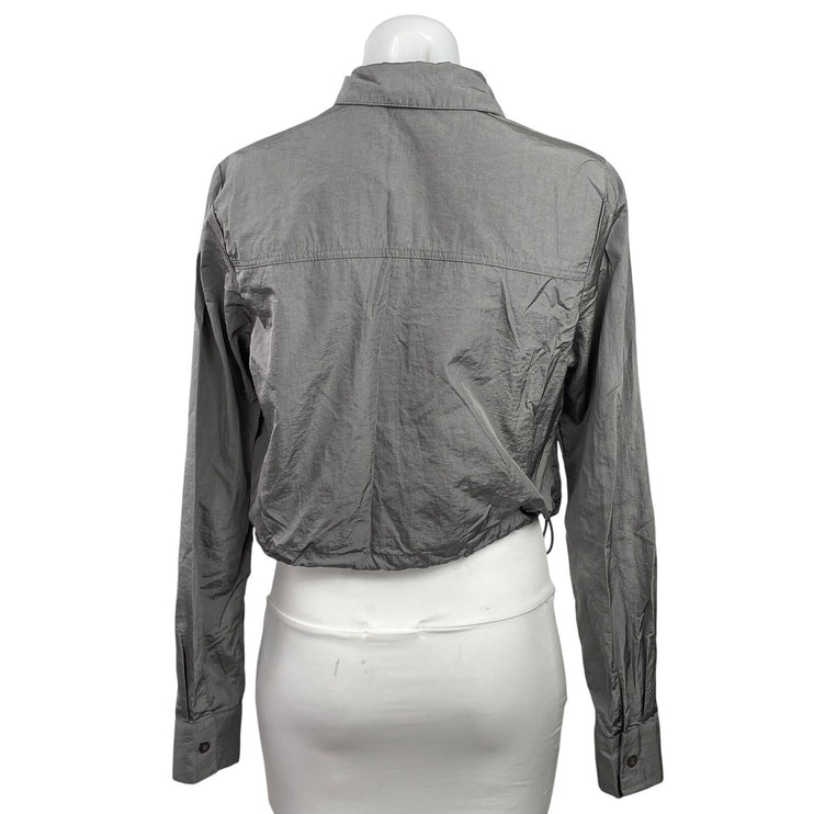 Forever 21 Women's Gray Tie Hem Long Sleeve Cropped Button Down Shirt Top Size S