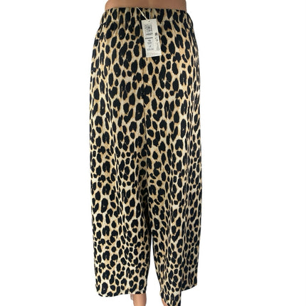 NEW M&S Marks & Spencer Beige Black Leopard Print Wide Leg Trousers Pants Sz 14