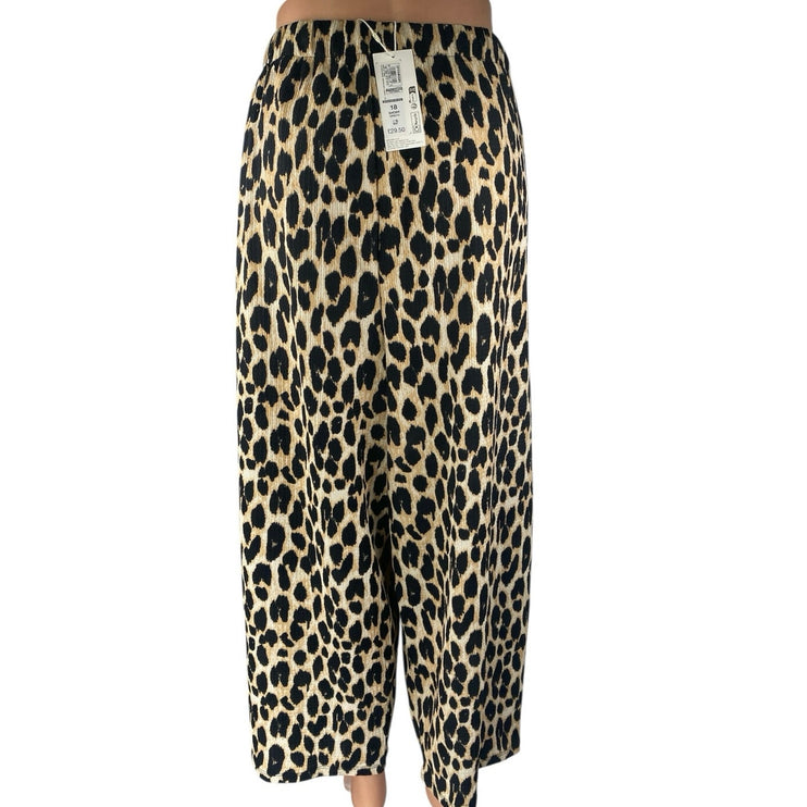 NEW M&S Marks & Spencer Beige Black Leopard Print Wide Leg Trousers Pants Sz 14