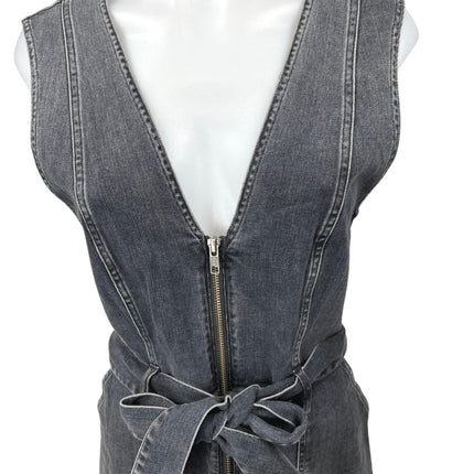 Alice + Olivia Gray Sleeveless Zip Up V-Neck Tie Waist Denim Jeans Mini Dress 10