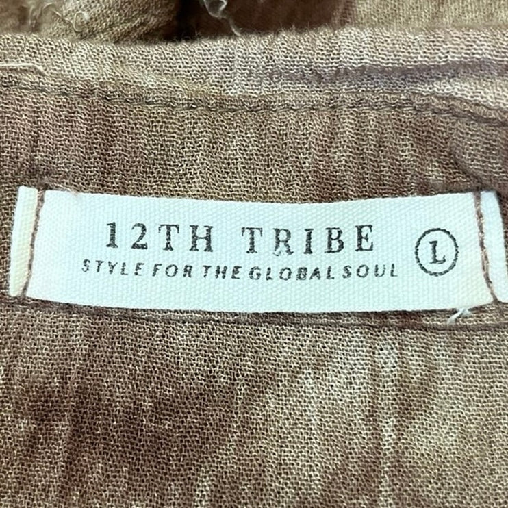 12th Tribe Brown Ritual Mocha Tie Dye Button Up Ripped Edges 3/4 Sleeve Top Sz L