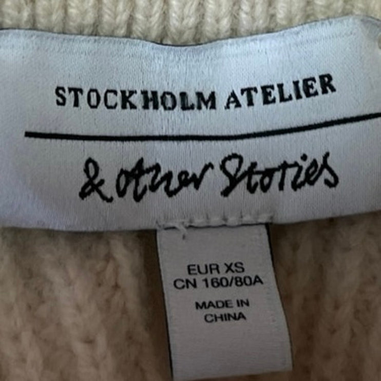 & Other Stories White Wool Half Zip Collar Chunky Knit Crop Sweater Top Size XS