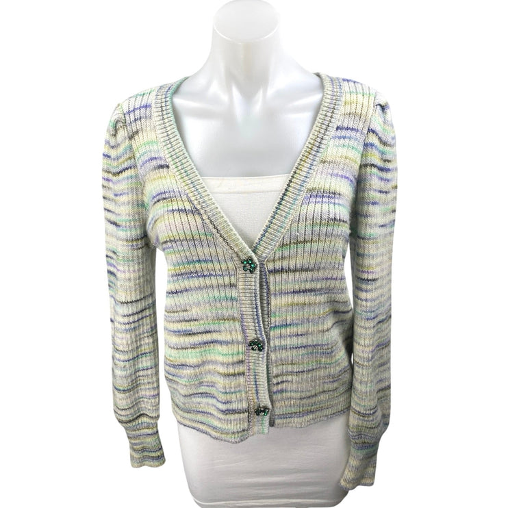 Sundays Multicolor Striped V-neck Jeweled Button Long Sleeve Cardigan Sweater S