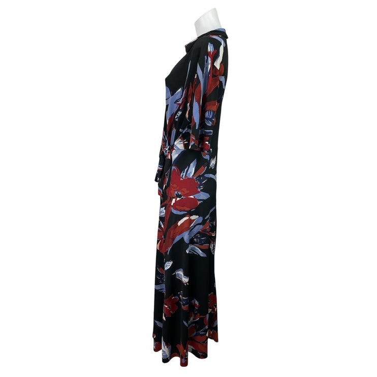 MSK Black Floral Short Sleeve V Neck Collared Tie A Line Maxi Wrap Dress Size L