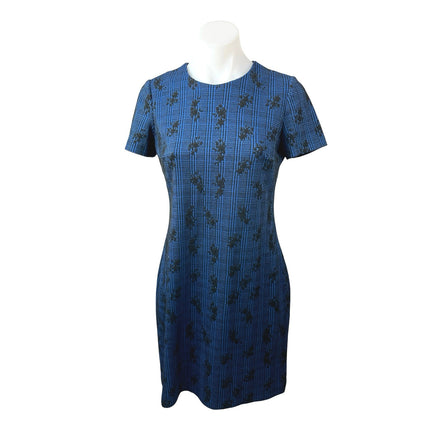 Calvin Klein Blue Black Plaid Floral Embroidered Short Sleeve Sheath Dress S/M