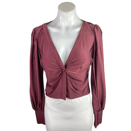 AFRM Red Maroon Plunge V-neck Long Puff Sleeve Ruched Crop Blouse Top Size M