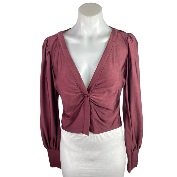 AFRM Red Maroon Plunge V-neck Long Puff Sleeve Ruched Crop Blouse Top Size M