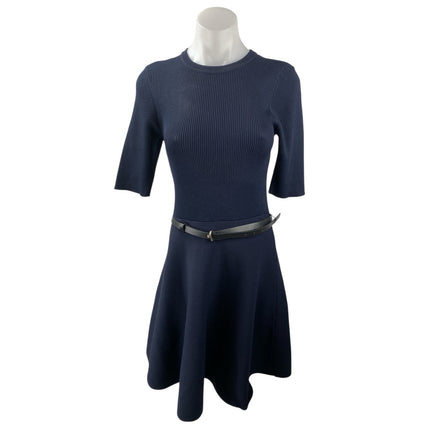 Karen Millen Navy Blue Ribbed Crew Neck Half Sleeve Belted Mini A-Line Dress M
