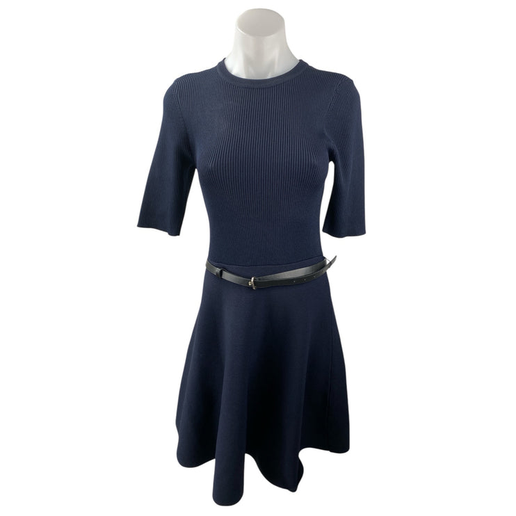 Karen Millen Navy Blue Ribbed Crew Neck Half Sleeve Belted Mini A-Line Dress M