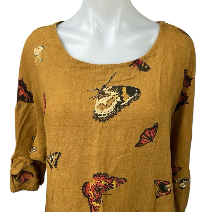 Viola Borghi Brown 100% Linen Butterfly 3/4 Ruffle Sleeve Pullover Blouse Top L