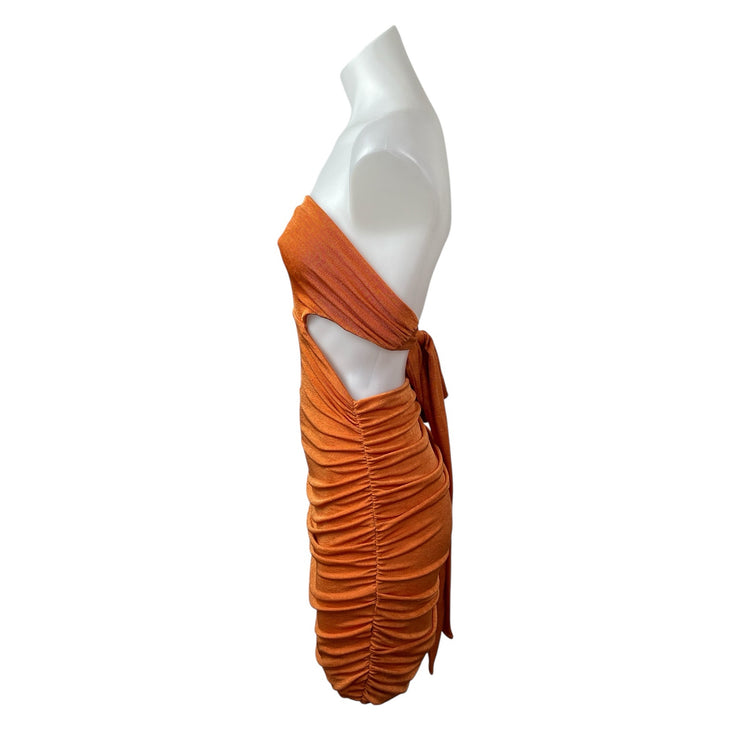 Tiger Mist Coral Strapless Tube Bandeau Cutout Tie Ruched Mini Bodycon Dress M