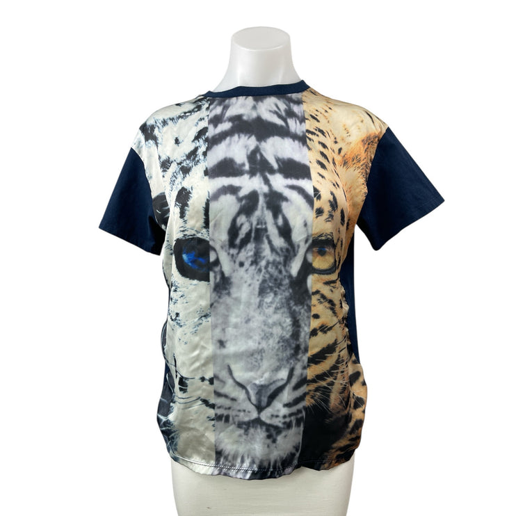 Alberto Makali Women's Blue Tiger Print Short Sleeve Crew T Shirt Tee Top Size S