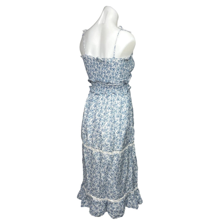 Kisuii Blue Luna Floral Smocked Sleeveless Ruffle Tiered Lace Trim Dress Size L