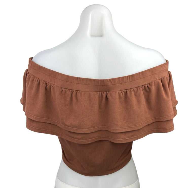 Design Lab Lord & Taylor Brown Suede Ruffle Off the Shoulder Crop Top Blouse M